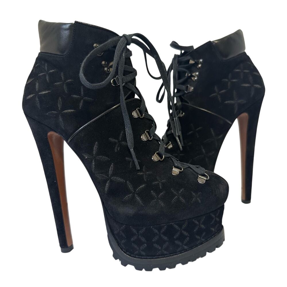 Alaïa Suede Embroidery 2X Platform Hiker Boots Black EU 38.5 Celeb Style